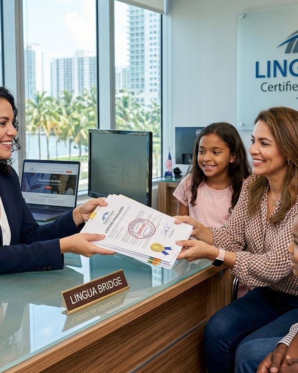 The Lingua Bridge reception desk in Miami with certified documents