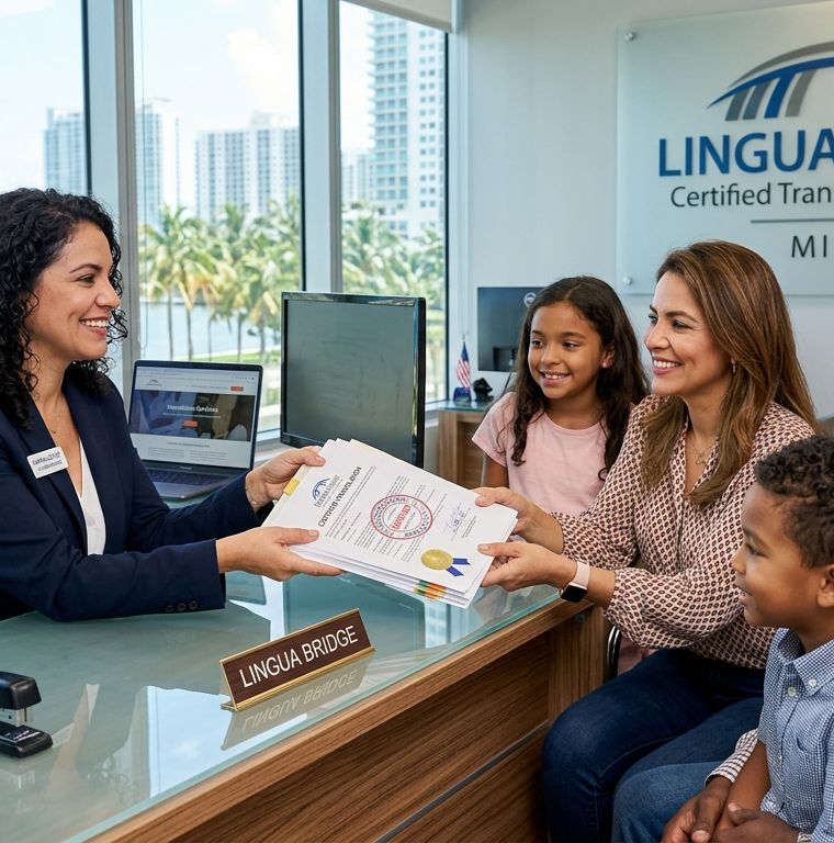 The Lingua Bridge reception desk in Miami with certified documents