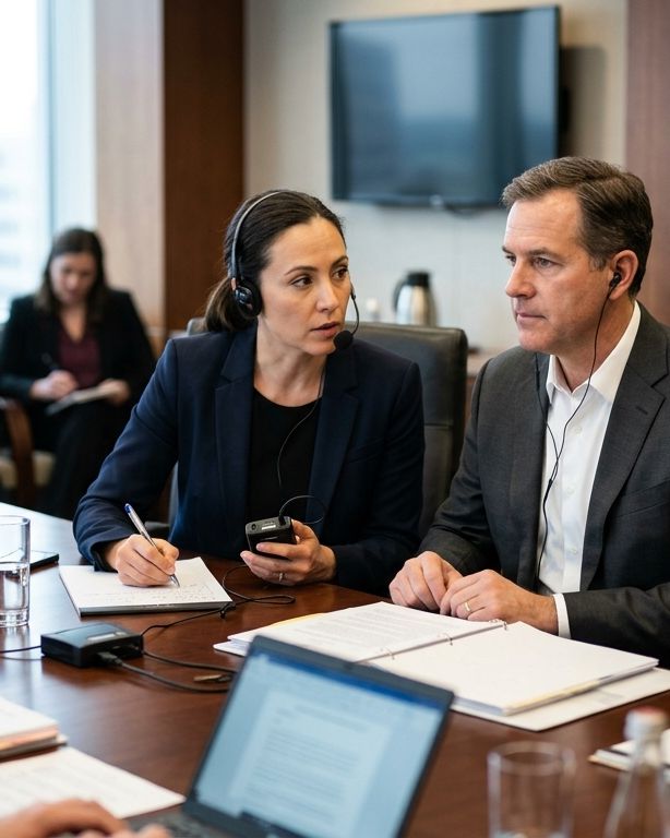 A Lingua Bridge interpreter working alongside attorneys in a meeting