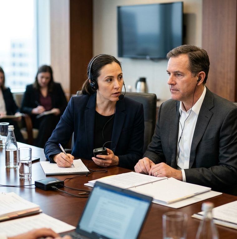 A Lingua Bridge interpreter working alongside attorneys in a meeting
