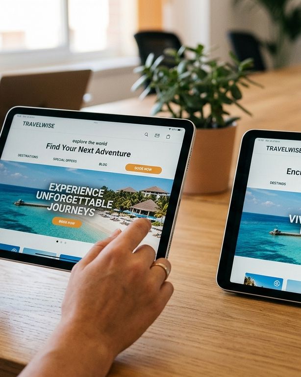 A travel website shown side by side in English and Spanish