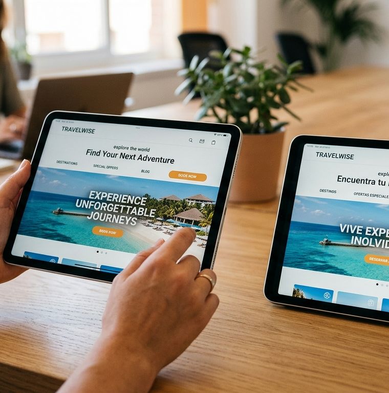 A travel website shown side by side in English and Spanish