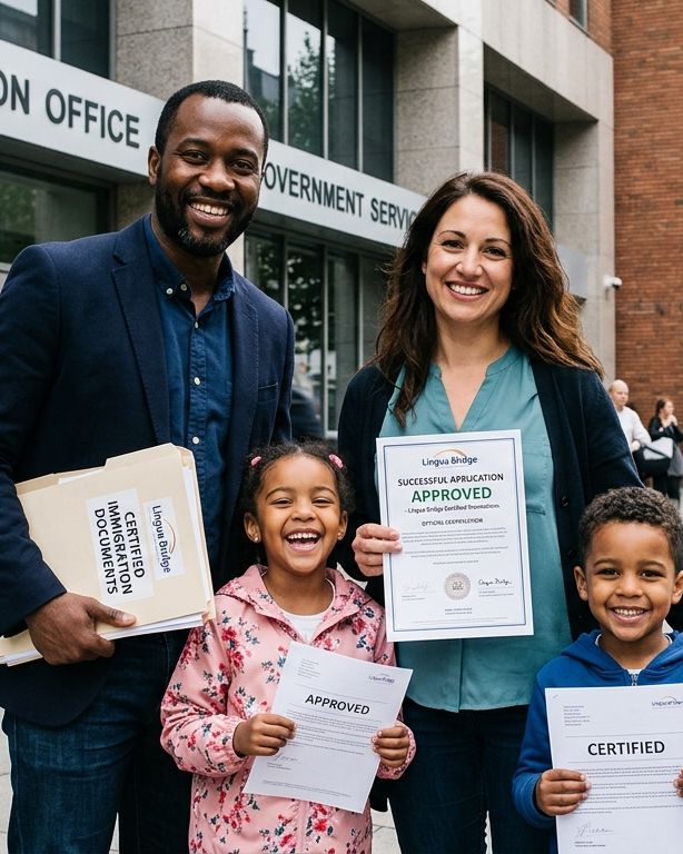 A family outside an immigration office holding approved certified Lingua Bridge documents