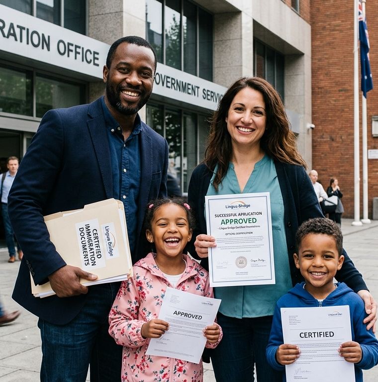 A family outside an immigration office holding approved certified Lingua Bridge documents