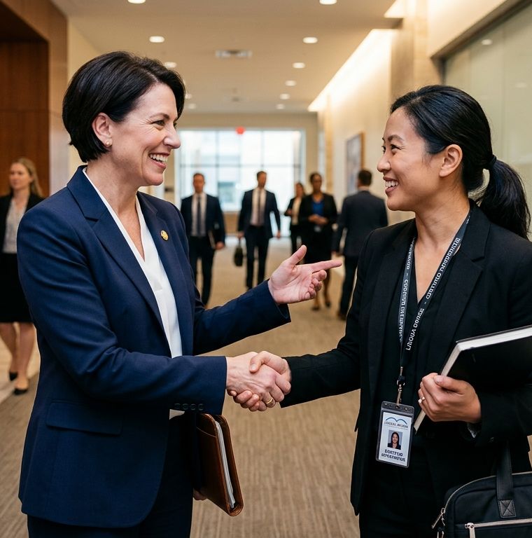 A Lingua Bridge interpreter greeting a client outside a courtroom