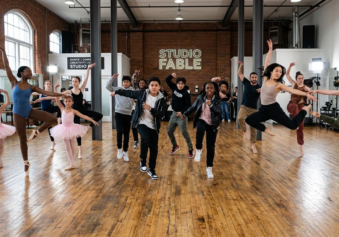 Studio Fable dancers in motion mid-rehearsal