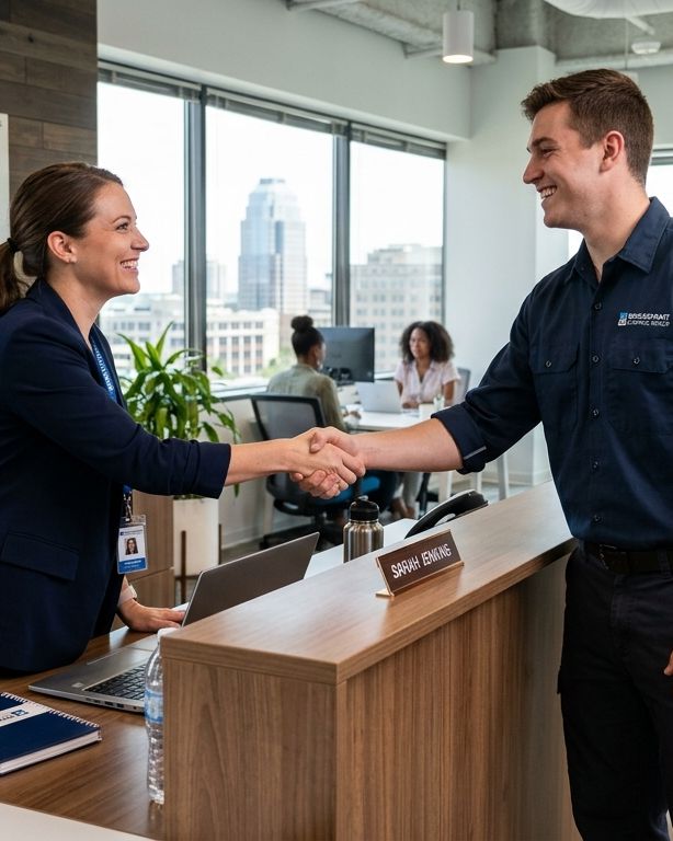 Bridgepoint staffing specialist welcoming a client at the Kansas City office