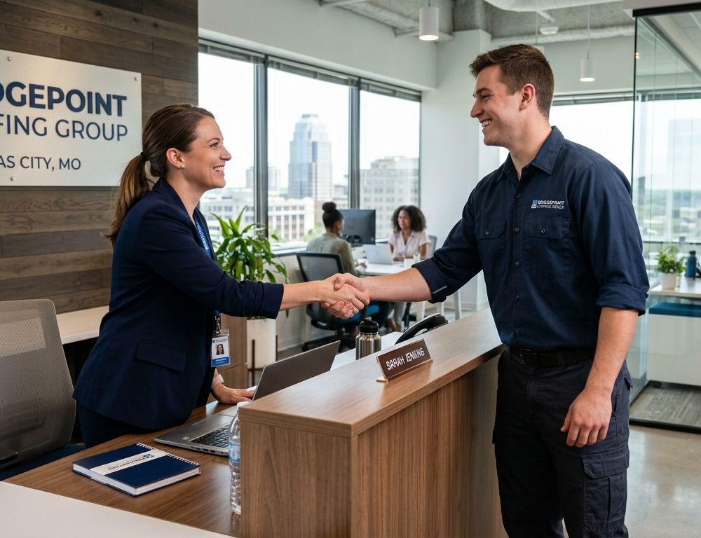 Bridgepoint staffing specialist welcoming a client at the Kansas City office