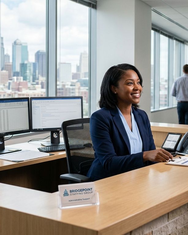 Bridgepoint administrative professional supporting a client at reception