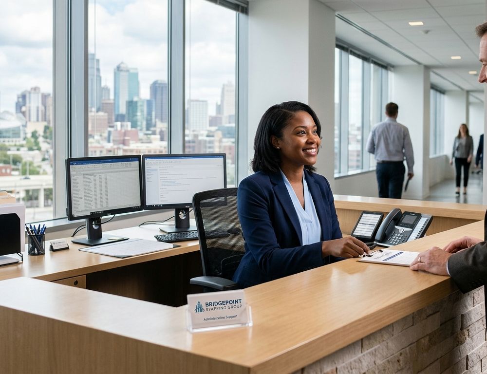 A Bridgepoint administrative professional supporting a client at reception
