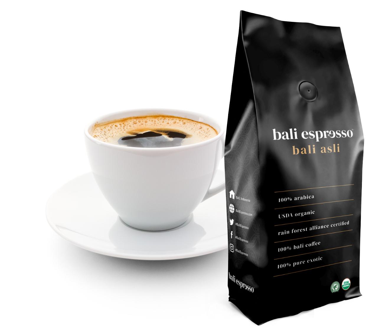 A bag of bali espresso Bali Asli coffee beside a cup of black coffee