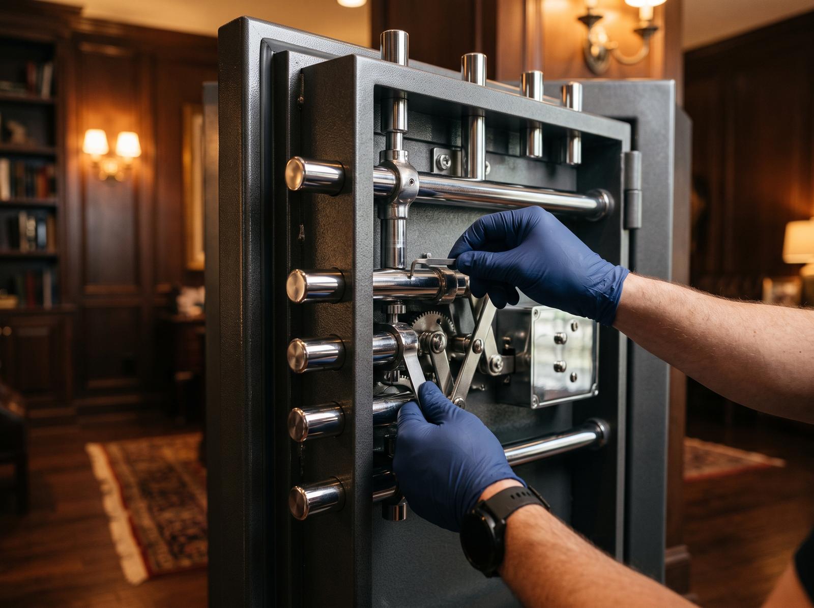 Close-up of gloved hands checking the boltwork of an open high-security safe door in an upscale residence