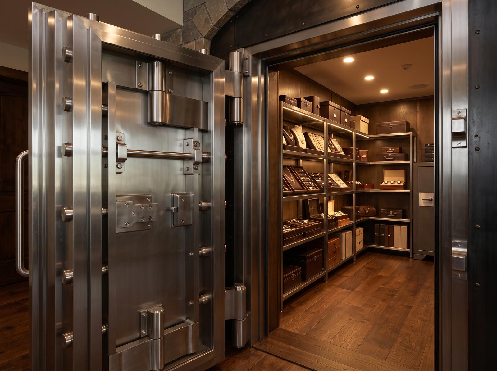 A finished residential walk-in vault room with an open steel door and lit interior shelving