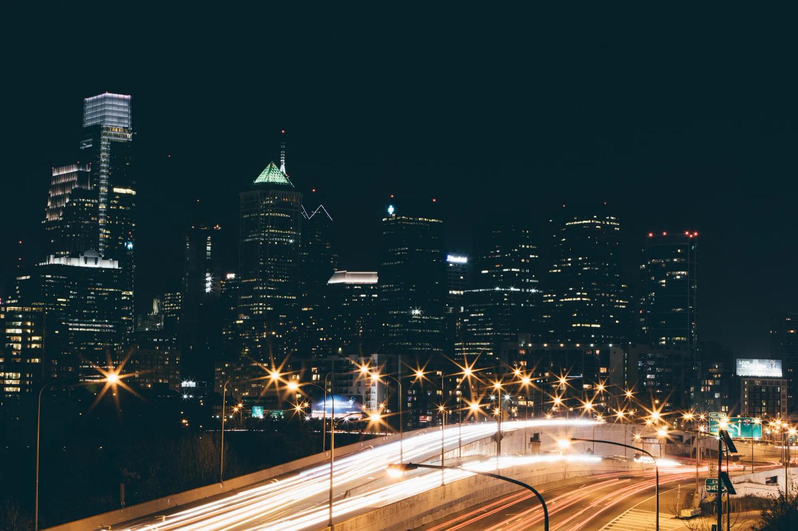 Evening traffic on a highway into Philadelphia
