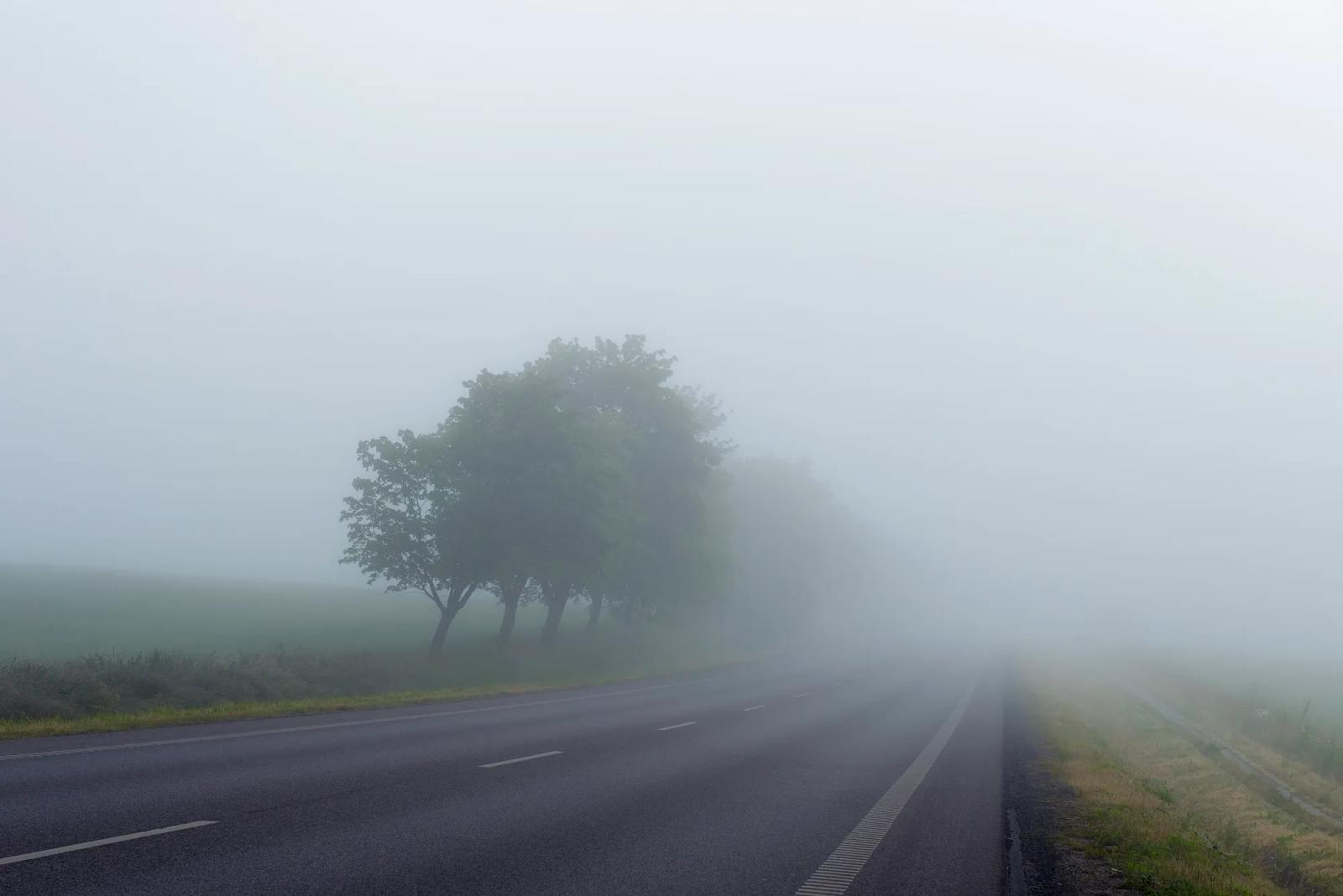 A country road disappearing into fog