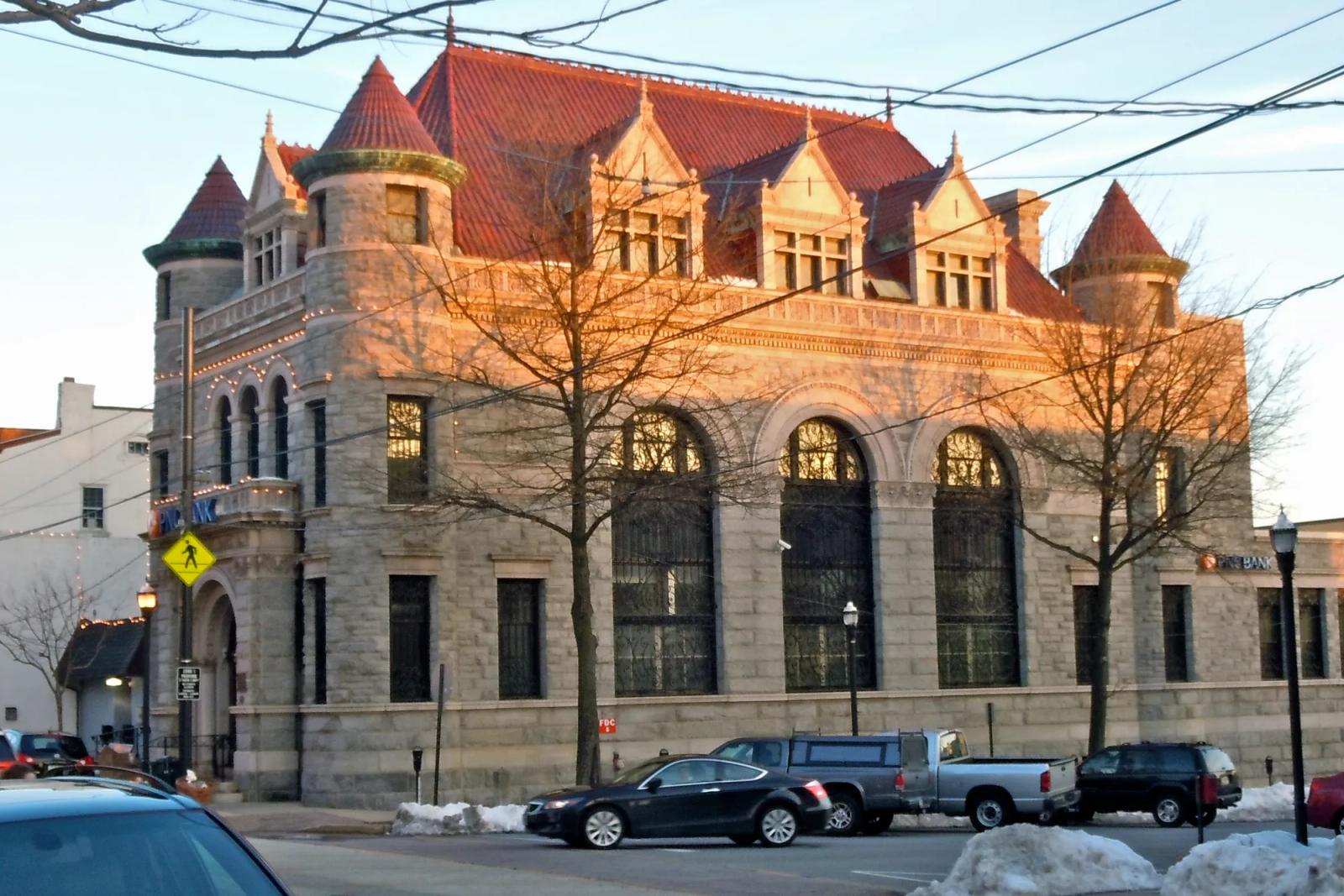 A historic stone bank building on State Street in Media