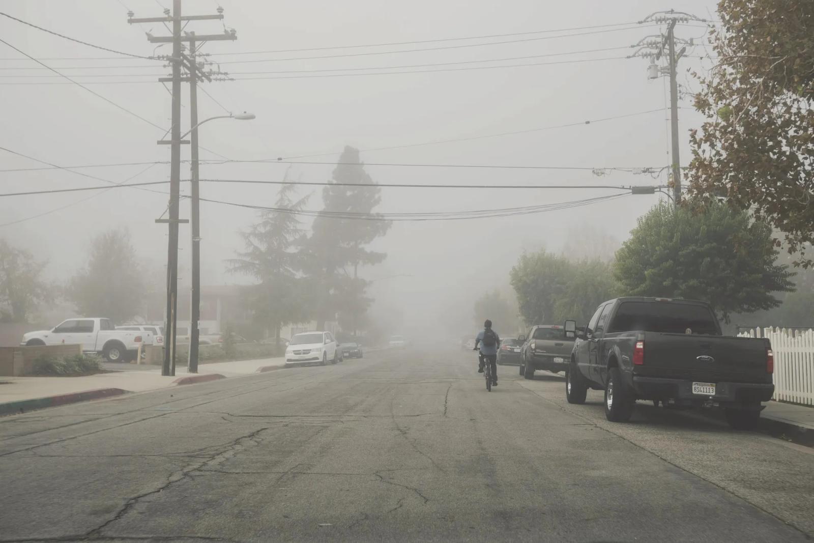 A cyclist riding along a foggy side street