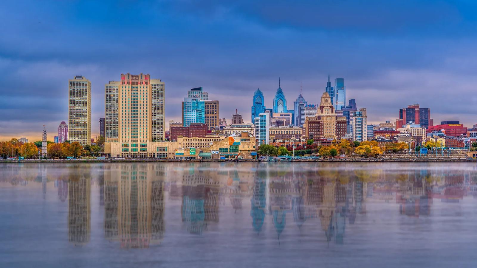The Philadelphia skyline across the Delaware River at dusk