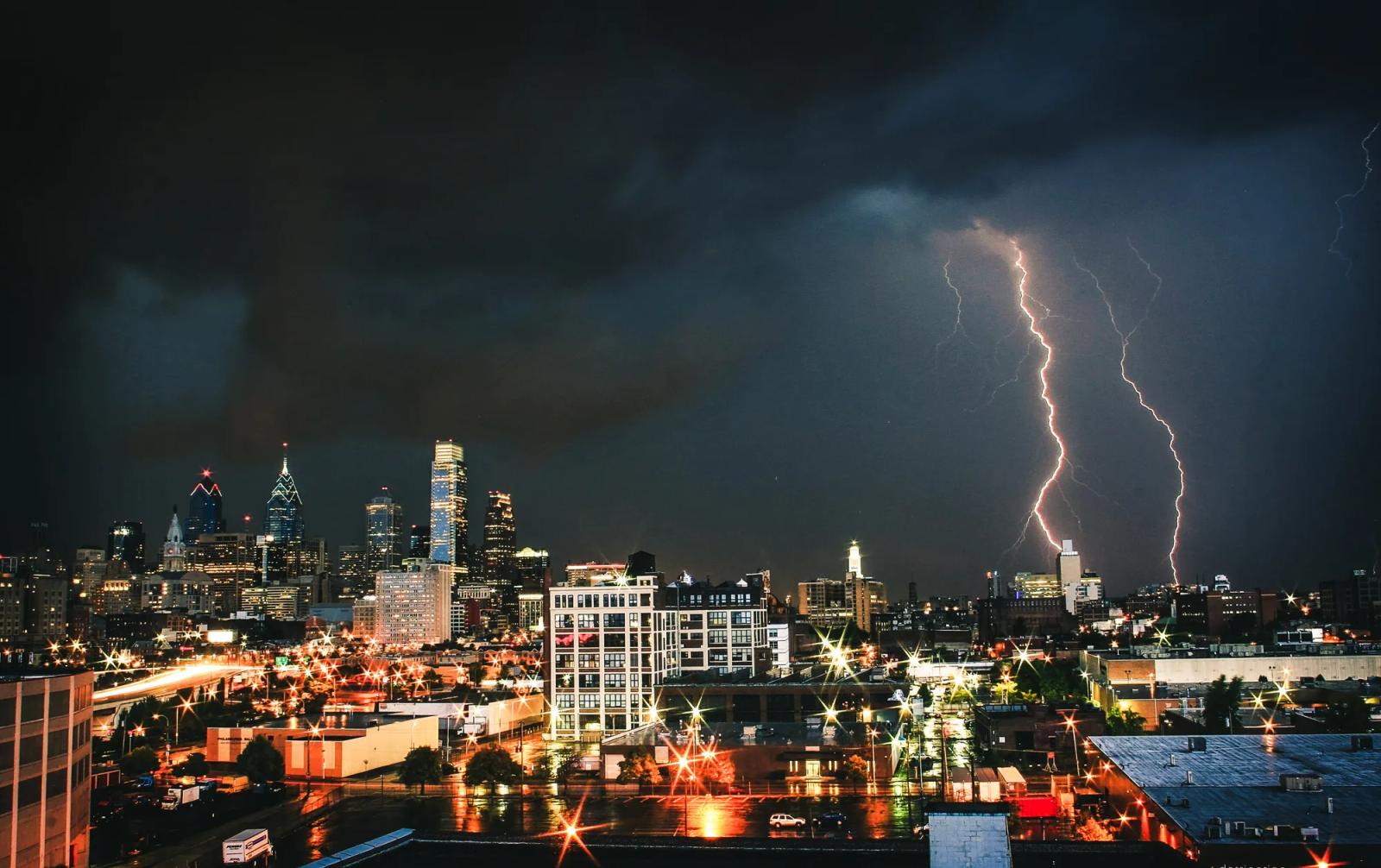 Lightning over the Philadelphia skyline at night