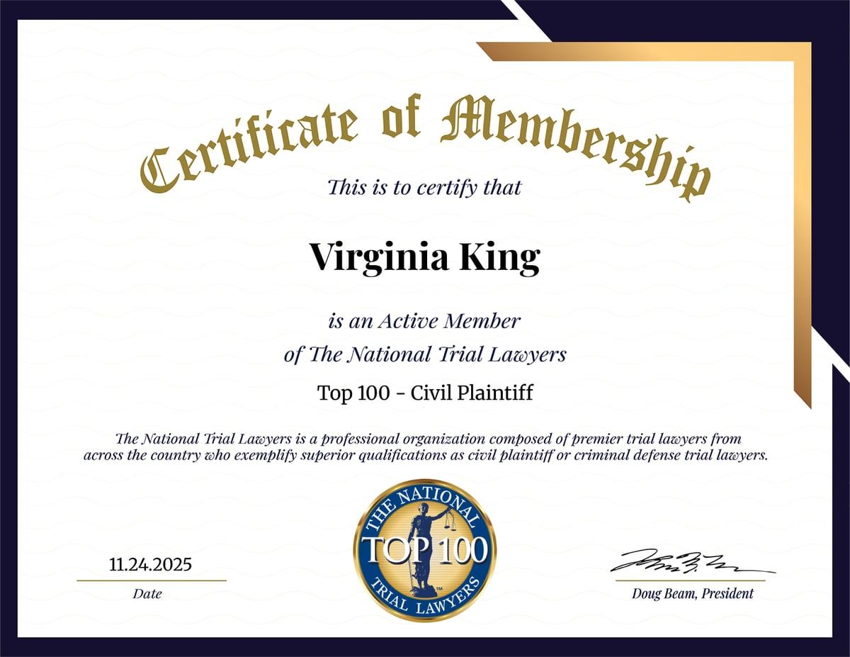 The National Trial Lawyers Top 100 Civil Plaintiff membership certificate for Virginia King