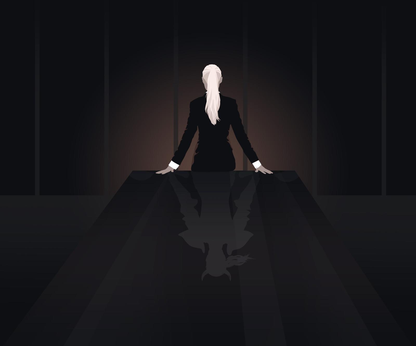 Illustration of an attorney at a boardroom table whose reflection is a warrior